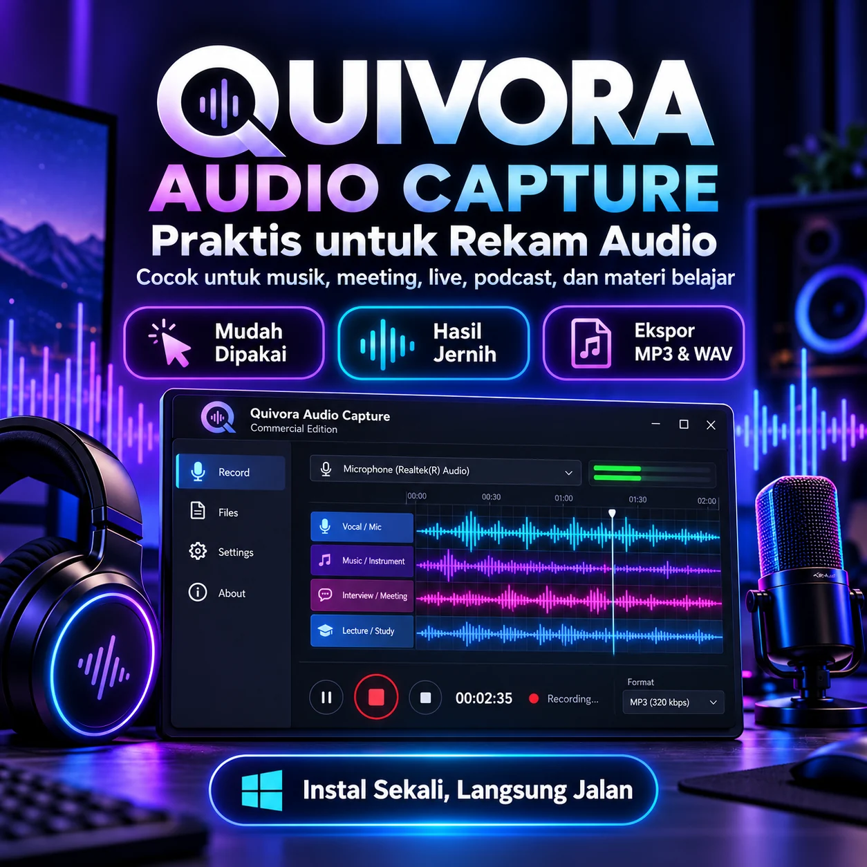 Quivora Audio Capture commercial edition interface on Windows, waveform recording