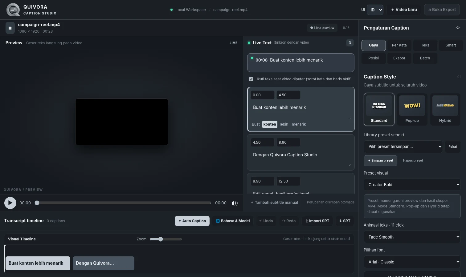 Preview of Quivora Caption Studio editor with transcript, caption style controls and video timeline.